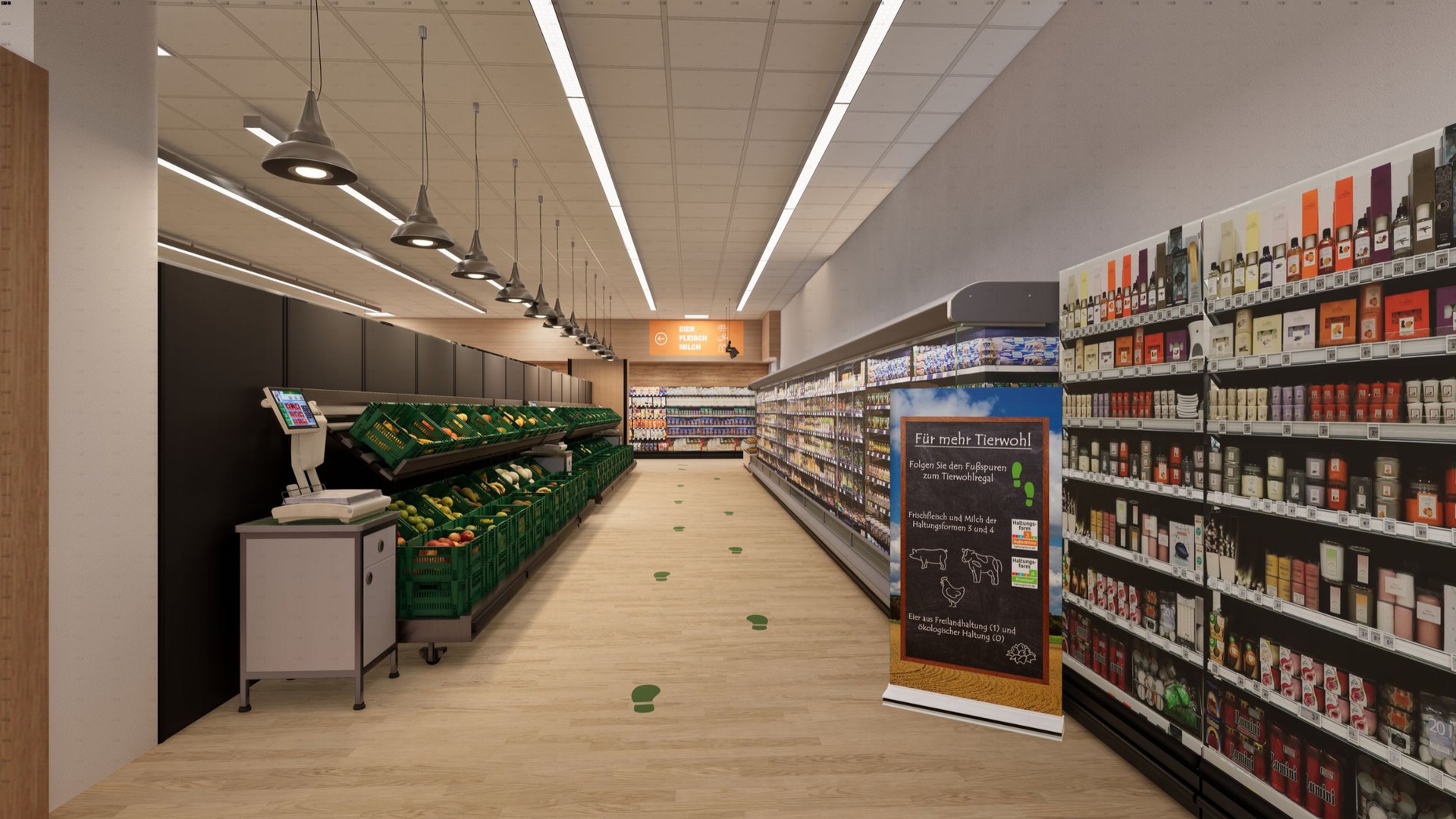 In the nudging group, - banners and footsteps stuck to the floor attracted the participants to a special shelf containing animal welfare products.